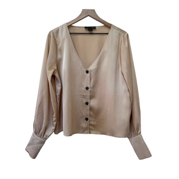Sanctuary women’s L satin creamy golden button up deep V-neck extended cuff glam - Picture 4 of 8